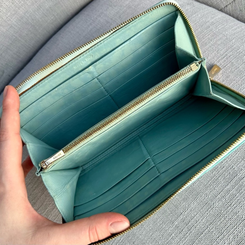 Celine Bi-color Large Zipped Leather Wallet Tiffany blue and Black - Picture 6 of 10
